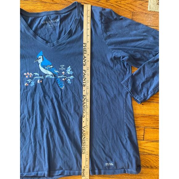 Life Is Good Crusher V Neck T Shirt Women’s XXL Blue Jay Bird on Branch Spring - Picture 6 of 7